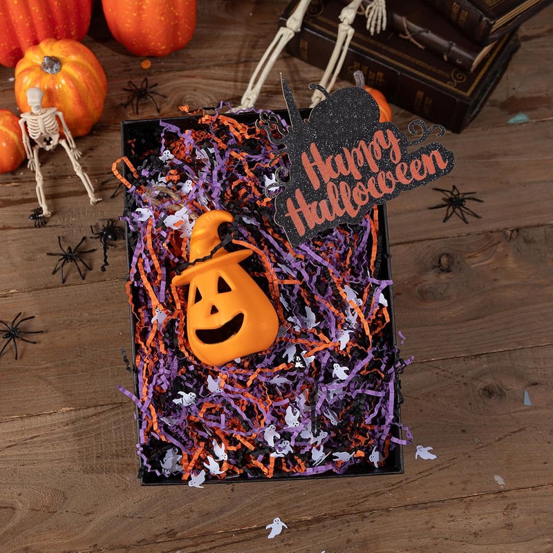 Jocomoni 12.3oz Halloween Crinkle Cut Paper Sherd Filler Black Orange Purple Crinkle Cut Paper with Ghost Confetti for Halloween Party Supply - Image 5